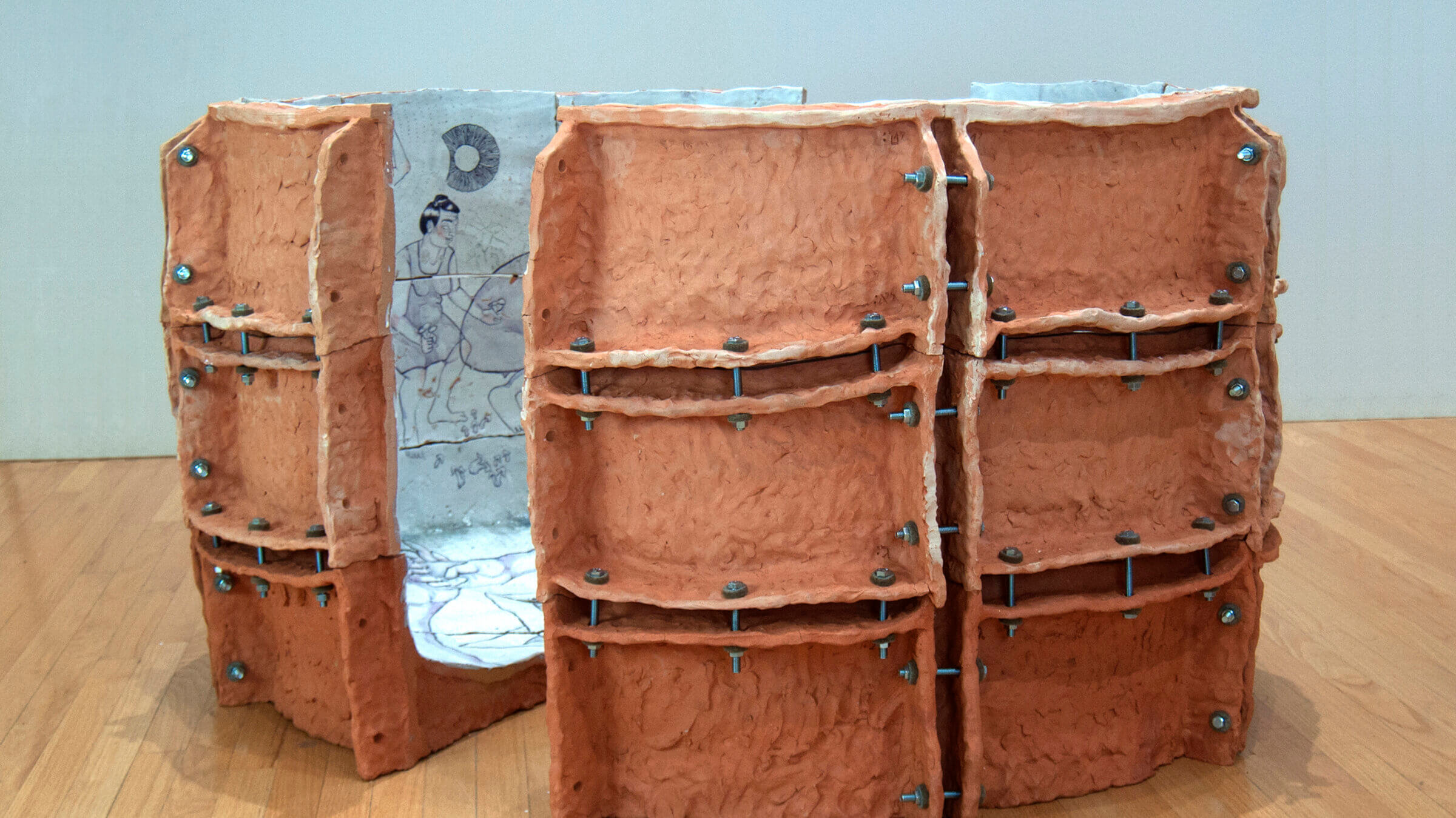 “Mikveh for Mycotheology” (2018). Glazed earthenware with felt washers, hardware and epoxy. 34 × 32 × 42 inches.