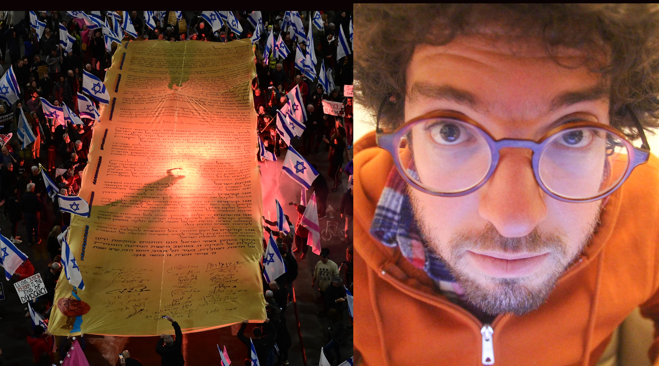 Israelis protest against their government’s planned judicial overhaul by displaying a replica of the country’s Declaration of Independence in Tel Aviv, Feb. 18, 2023. (Tomer Neuberg / Flash90); “Israel Story” host Mishy Harman focused on the declaration for a new podcast marking Israel’s 75th birthday. (Courtesy “Israel Story”)