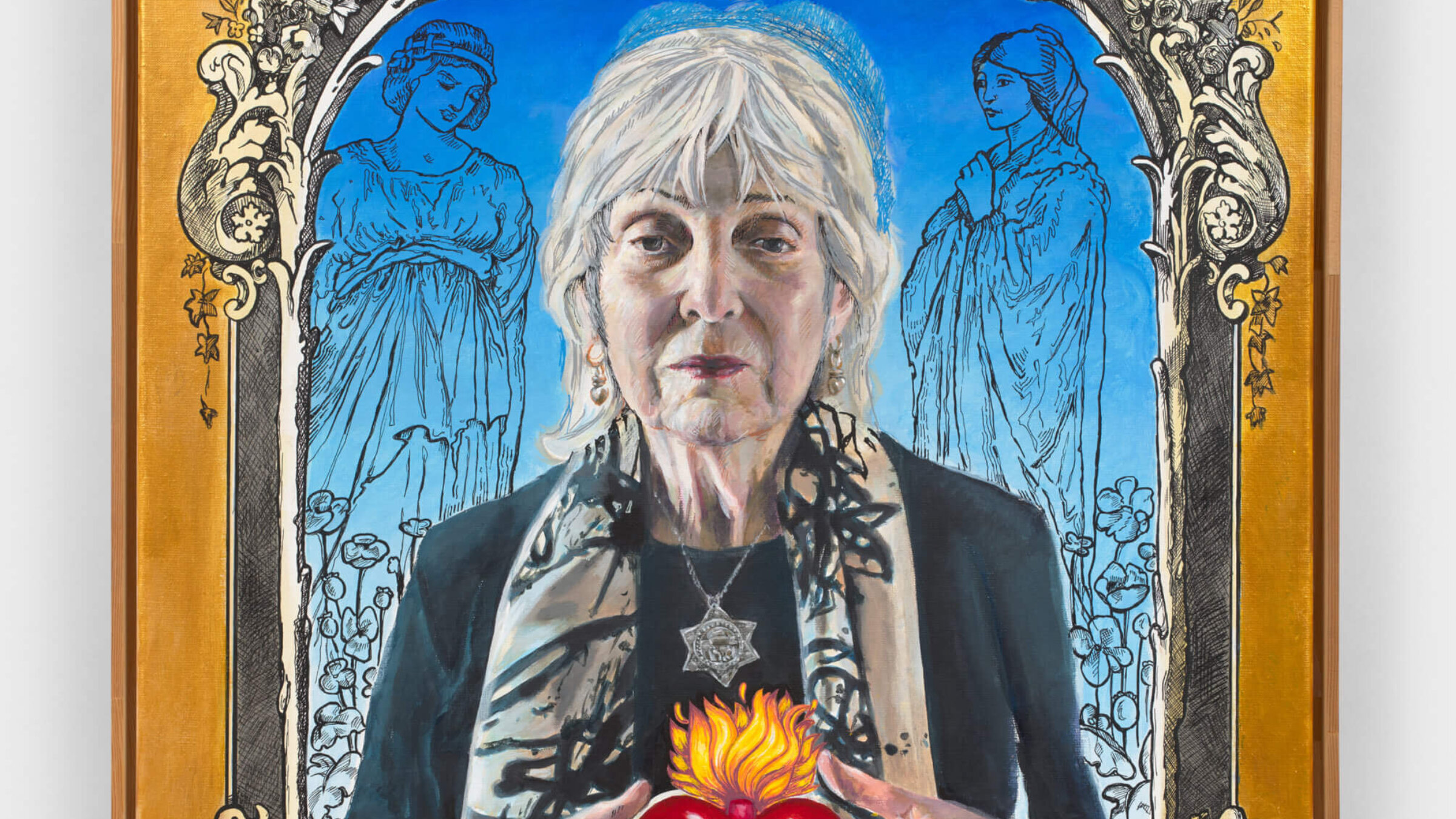 In "Self Portrait with Flaming Heart," Audrey Flack paints herself as the Virgin Mary.