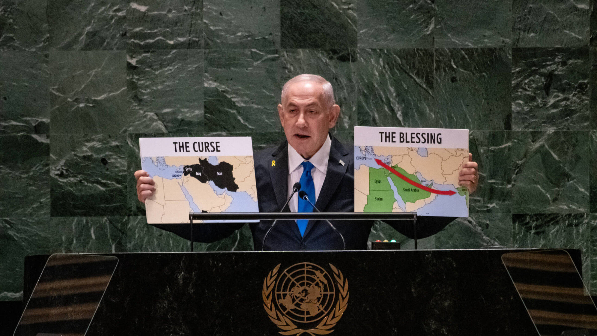 Israeli Prime Minister Benjamin Netanyahu speaks during the United Nations General Assembly on Sept. 27.
