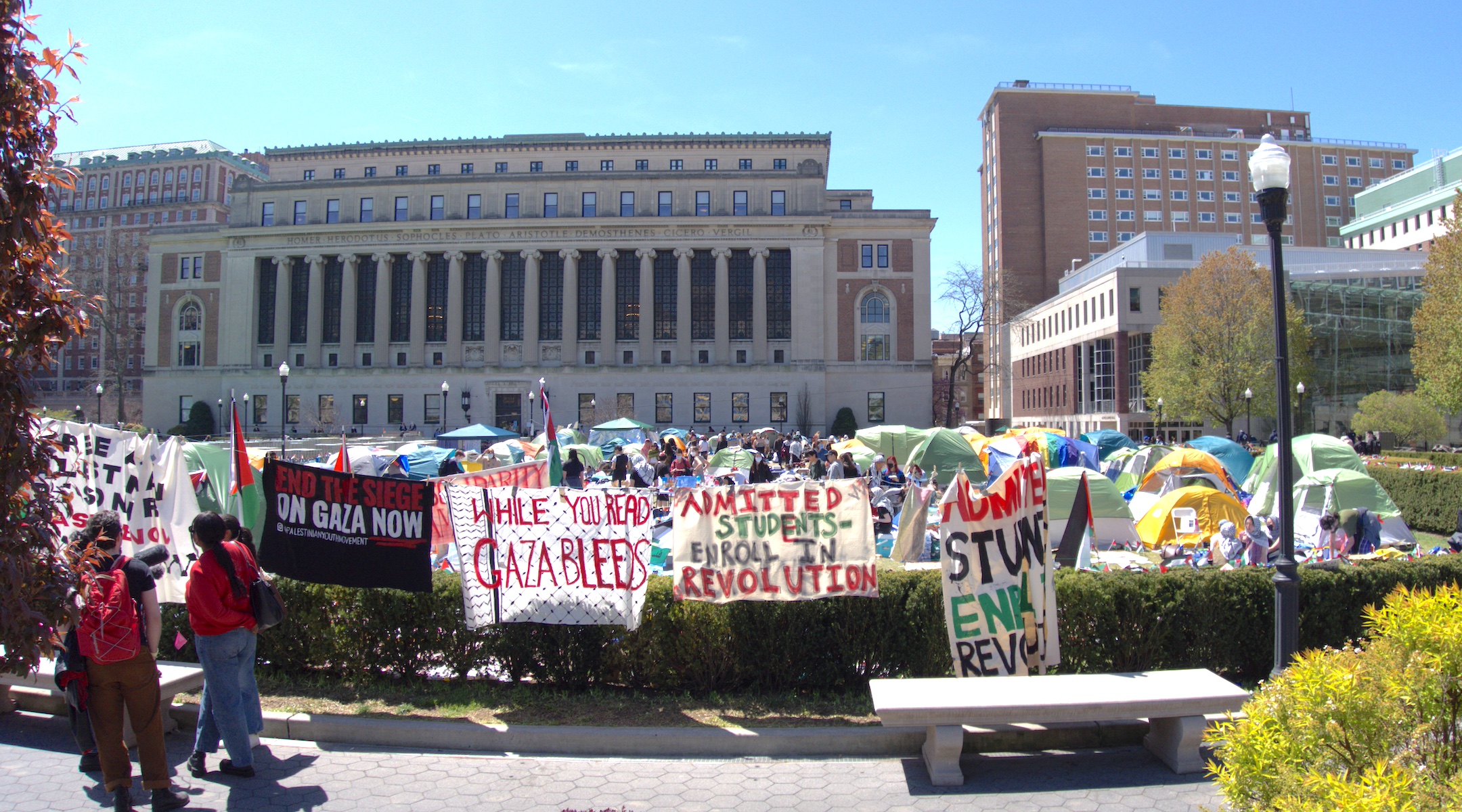 The pro-Palestinian encampment on the lawn in front of Columbia University's Butler Library in April 2024. Protesters took over a reading room in the library Wednesday. 