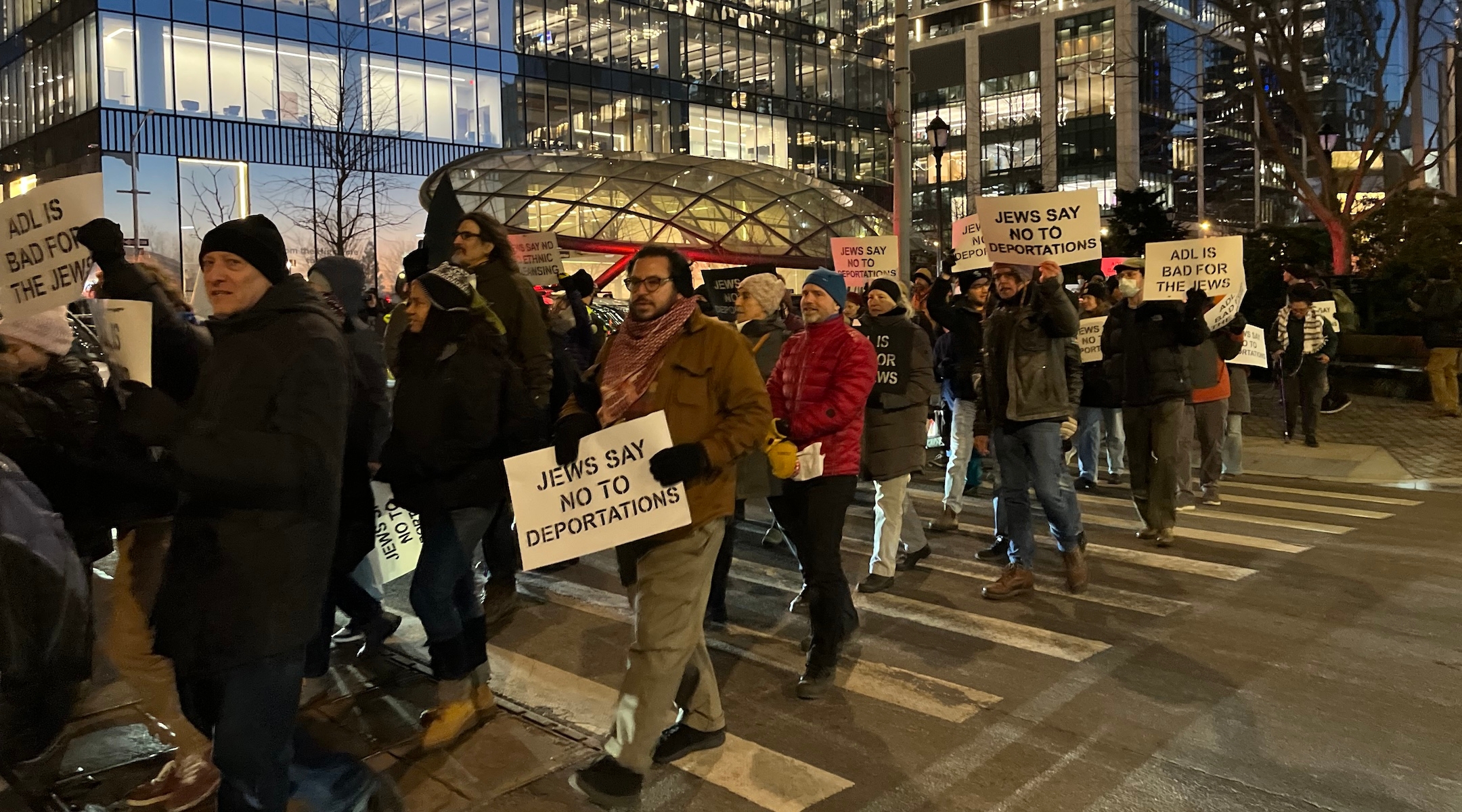 Following the rally at Bella Abzug Park, demonstrators marched toward the Javits Center, where ADL was holding its “Never is Now” summit on antisemitism and hate, Mar. 3, 2025. (Joseph Strauss)