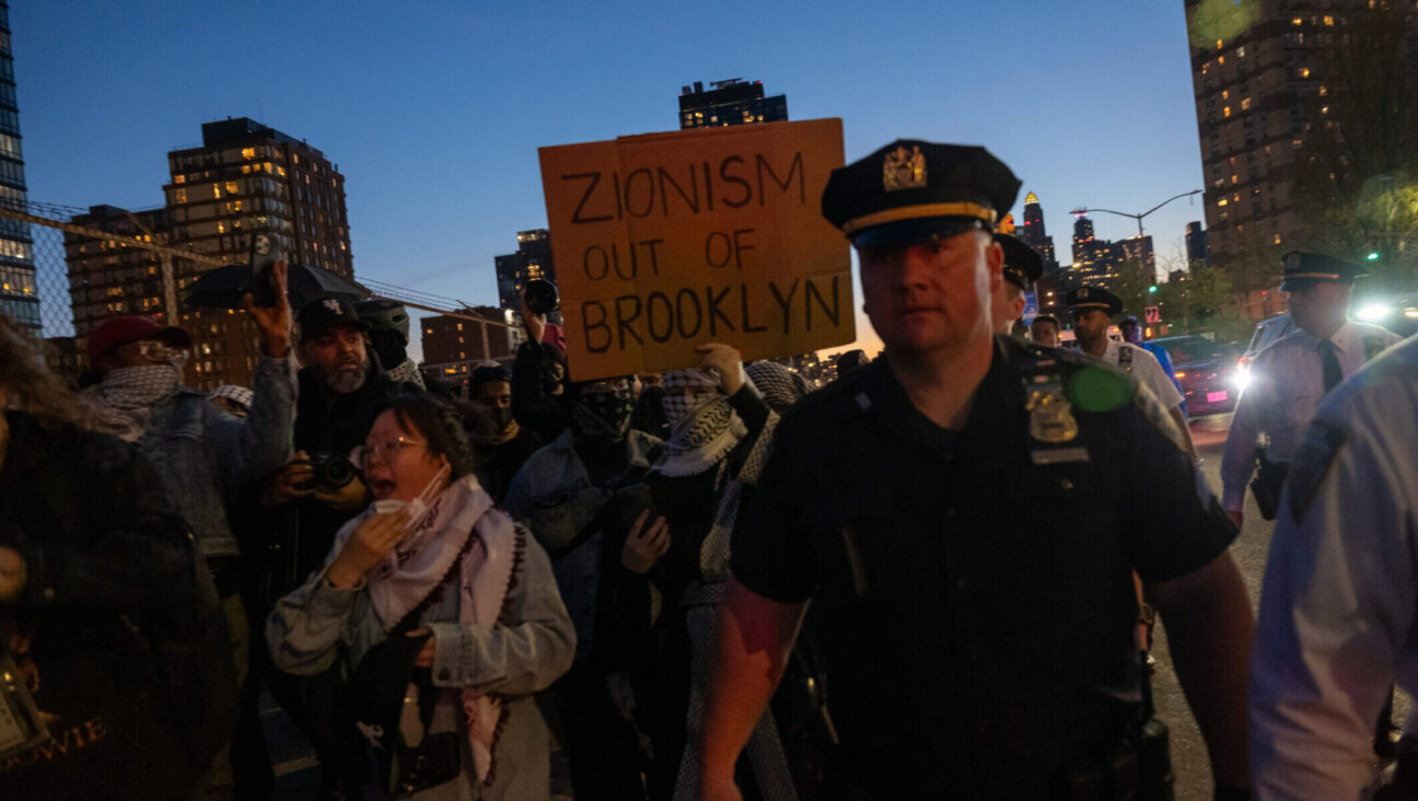 Police block pro-Palestinian supporters from entering a neighborhood with a large Orthodox Jewish population on April 28, 2025, in Brooklyn. (Spencer Platt/Getty Images)