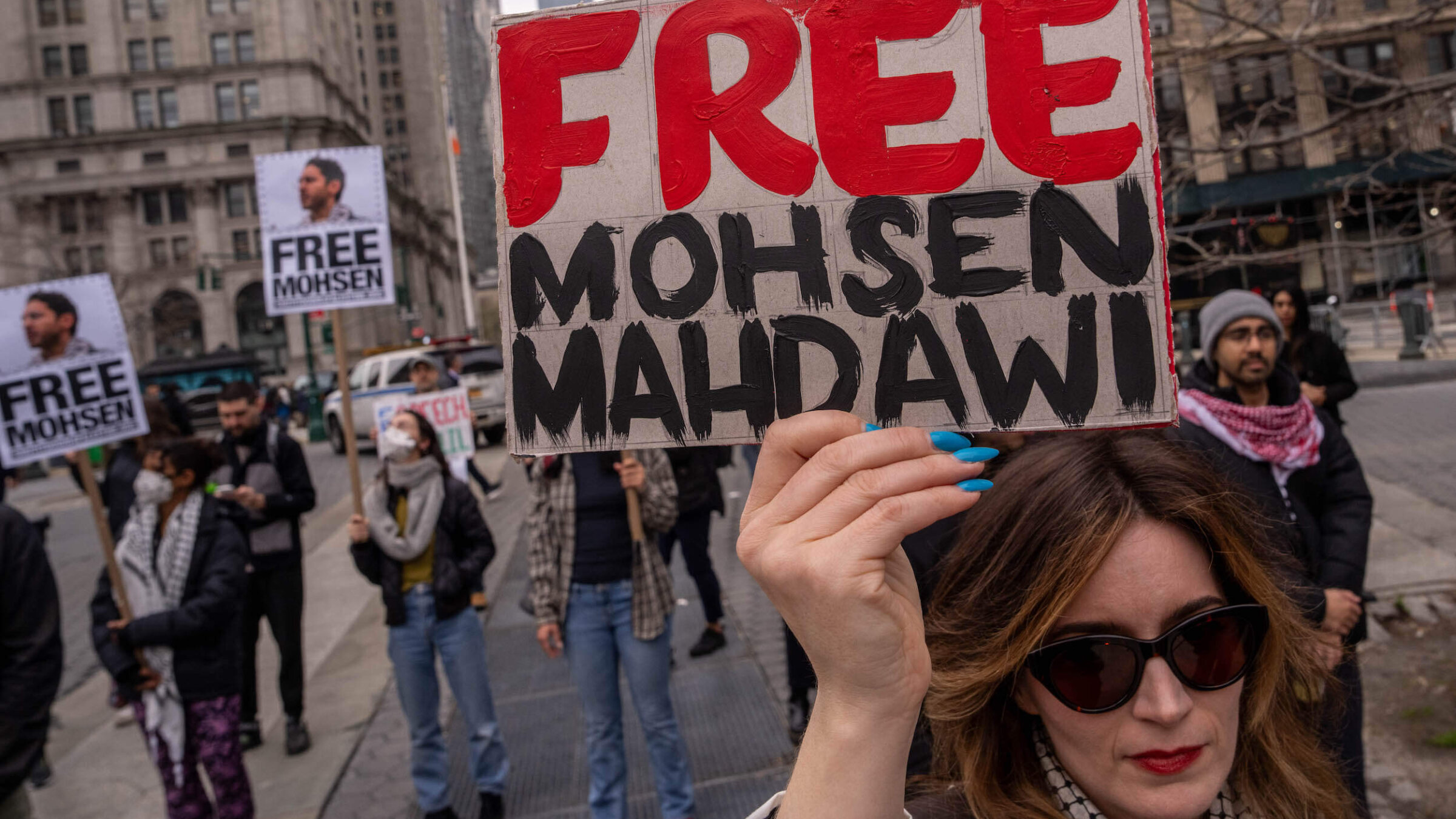 Pro-Palestinian activists rally for Mohsen Mahdawi and protest against deportations outside of ICE Headquarters on April 15 in New York City. 